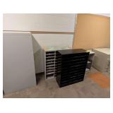 3, 4-drawer Filing Cabinets. 2, 2-Drawer Filing Cabinets. 1 Bookshelf, 2 Paper Filing Shelves, 1 School Desk and Chair.