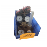 Bin of Brass Gas Pressure Regulator with Dual Gauges, Clear Flowmeter Tube