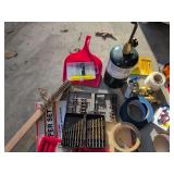 Assorted Collection of Eorkshop and Hardware Items, including Drill Bit Set, a Propane Cylinder, Brass Valves, Painter