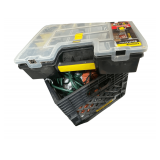 Milk Crate of 2 Extension Cords and a Stanley Screw Assortment