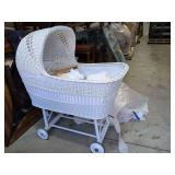 White Wicker Baby Bassinet w Rolling Wood Frame and Canopy Hood also Appears to iInclud a Gathered Eyelet Lace Crib Skirt (broderie anglaise) and a Boxed Set of Matching White Linens w Ribbons, Aprons