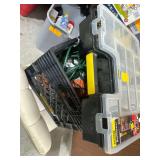 Milk Crate of 2 Extension Cords and a Stanley Screw Assortment