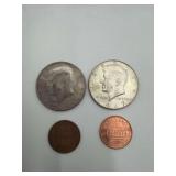 1967 Kennedy Half Dollar (40% Silver) - 1776-1976 Bicentennial Kennedy Half Dollar - 1950 Wheat Penny - 2000 Penny