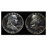 (2) 90% SILVER 1962 FRANKLIN HALF DOLLARS PROOF BU