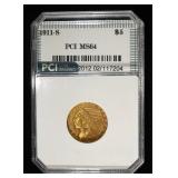 1911-S $5 INDIAN GOLD PCI CH/GEM BU