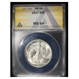 1917 WALKING LIBERTY 50C ANACS MS64