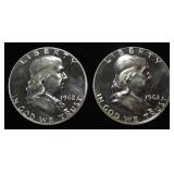 (2) 90% SILVER 1962 FRANKLIN HALF DOLLARS PROOF BU