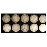 (10) 90% SILVER BARBER HALF DOLLARS