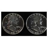 (2) 90% SILVER 1962 FRANKLIN HALF DOLLARS PROOF BU