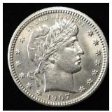 1907 BARBER QUARTER GEM BU