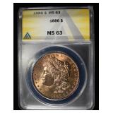 1886 MORGAN DOLLAR ANACS MS63