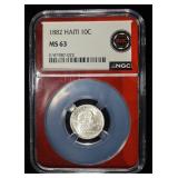 1882 HAITI SILVER 10C NGC MS-63