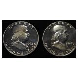 (2) 90% SILVER 1962 FRANKLIN HALF DOLLARS PROOF BU