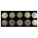 (10) 90% SILVER BARBER HALF DOLLARS
