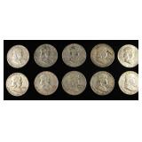 (10) 90% SILVER FRANKLIN HALF DOLLARS