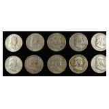 (10) 90% SILVER FRANKLIN HALF DOLLARS