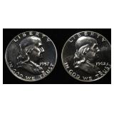 90% SILVER 1957 & 1962 FRANKLIN HALVES PROOF BU