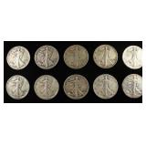 (10) 90% SILVER WALKING LIBERTY HALF DOLLARS