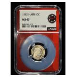 1882 HAITI SILVER 10C NGC MS-63