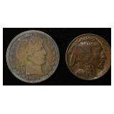 1913 BUFFALO NICKEL & 1905-O BARBER QUARTER