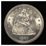 1859 SEATED LIBERTY QUARTER GEM BU