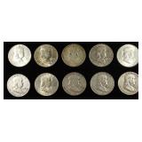 (10) 90% SILVER FRANKLIN HALF DOLLARS