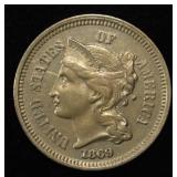 1869 3-CENT NICKEL AU/BU