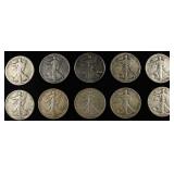 (10) 90% SILVER WALKING SILVER HALF DOLLARS