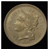 1867 3-CENT NICKEL AU/BU