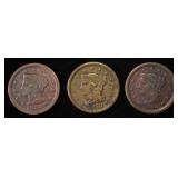 (3) 1853 BRAIDED HAIR LARGE CENT F/VF