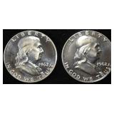 (2) 90% SILVER 1962 FRANKLIN HALF DOLLARS PROOF BU