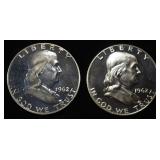 (2) 90% SILVER 1962 FRANKLIN HALF DOLLARS PROOF BU