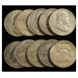 (10) 90% SILVER FRANKLIN HALF DOLLARS