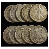 (10) 90% SILVER WALKING LIBERTY HALF DOLLARS