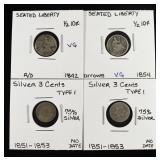 (2) HALF DIMES & (2) SILVER 3-CENT PIECES