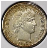 1913 BARBER DIME NICE BU
