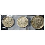 1943-D, 1944-D MERCURY 10C & 1921 BUFFALO 5C