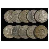 (10) 90% SILVER FRANKLIN HALF DOLLARS