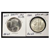2023-P KENNEDY & 1944 WALKING LIBERTY 50C