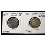 1875 & 1877 LIBERTY SEATED QUARTERS