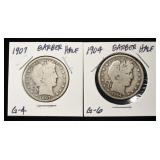 1904 & 1907 BARBER HALF DOLLARS