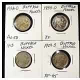 1913, 1929-S, 1935-D, & 1938-D BUFFALO NICKELS