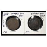 (2) DRAPED BUST CENTS