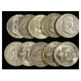 (10) 90% SILVER FRANKLIN HALF DOLLARS