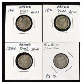 1908-D, 1912,  & (2) 1916 BARBER DIMES