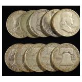 (10) 90% SILVER FRANKLIN HALF DOLLARS