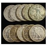 (10) 90% SILVER WALKING LIBERTY HALF DOLLARS