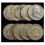 (10) 90% SILVER FRANKLIN HALF DOLLARS