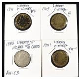1883, 1901, 07 & 11 'V' NICKELS