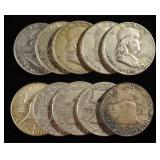 (10) 90% SILVER FRANKLIN HALF DOLLARS